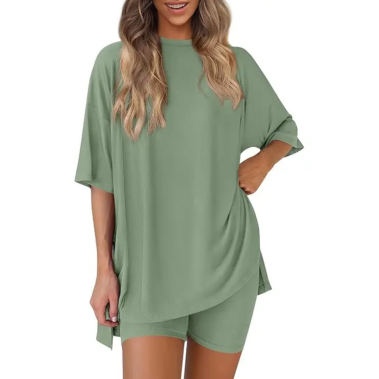 Two-Piece Set For Women Summer Casual Oversized Split Hem Shirts & Side Pocket Biker Shorts