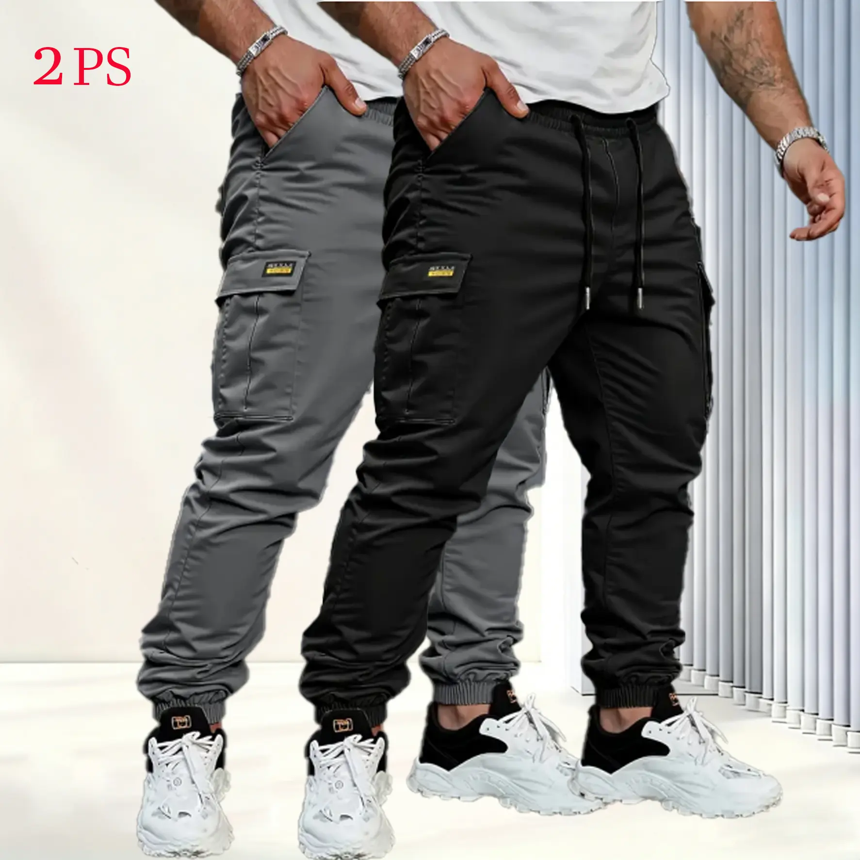 Men's solid color tactical work pants with multiple pockets and drawstring design