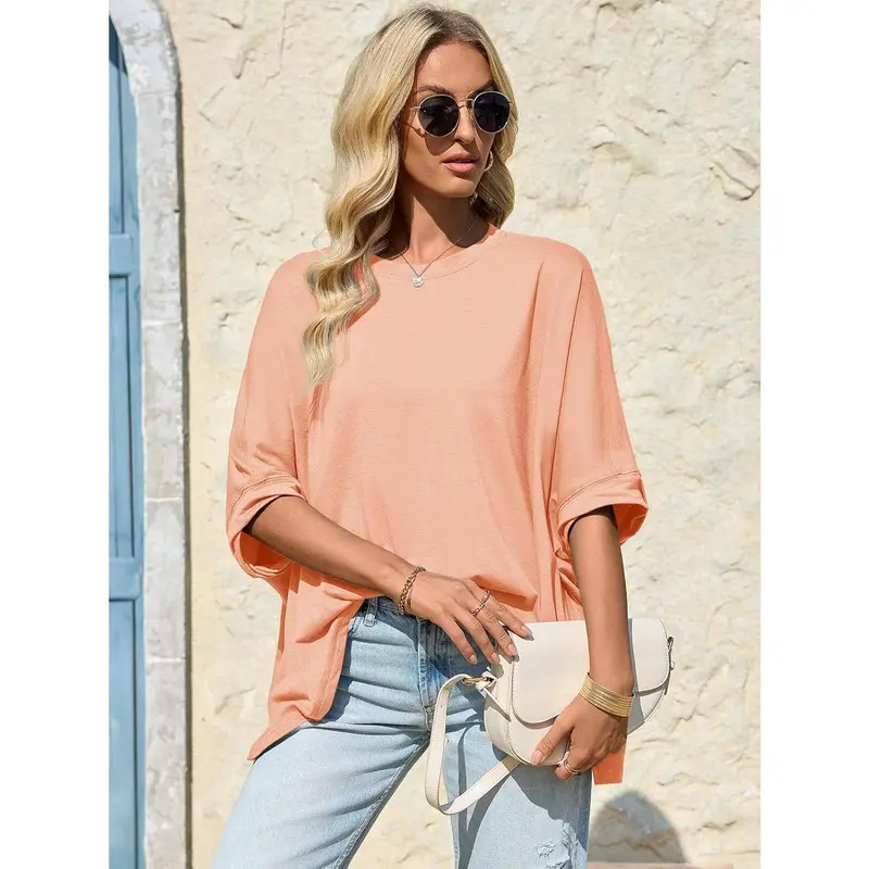 Women's Loose T-Shirt: Batwing Sleeve Cropped Top & Irregular Hem Casual Summer Long-Style Tee