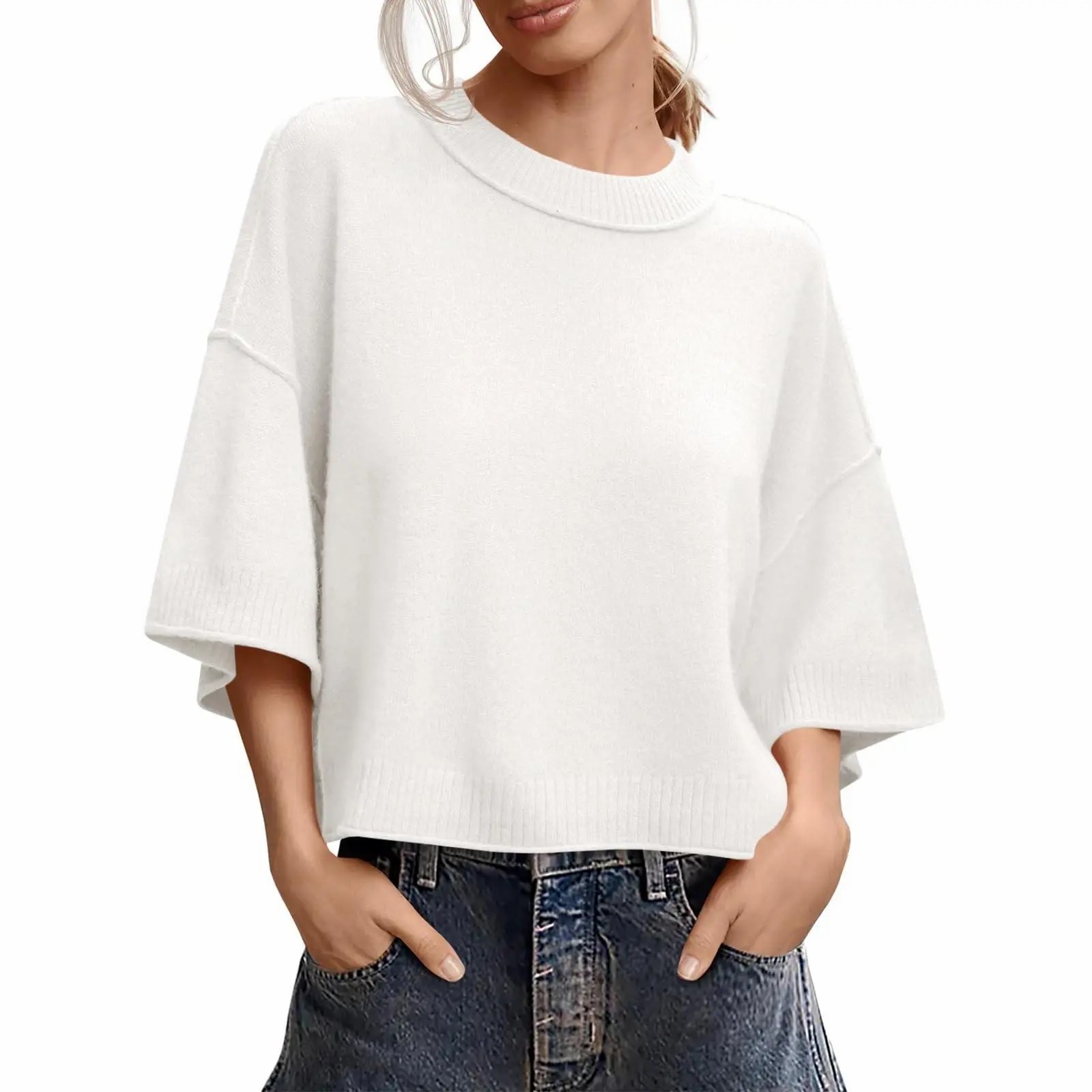 Women's Oversized Cropped Sweater – Short Sleeve Lightweight Knit Summer Top