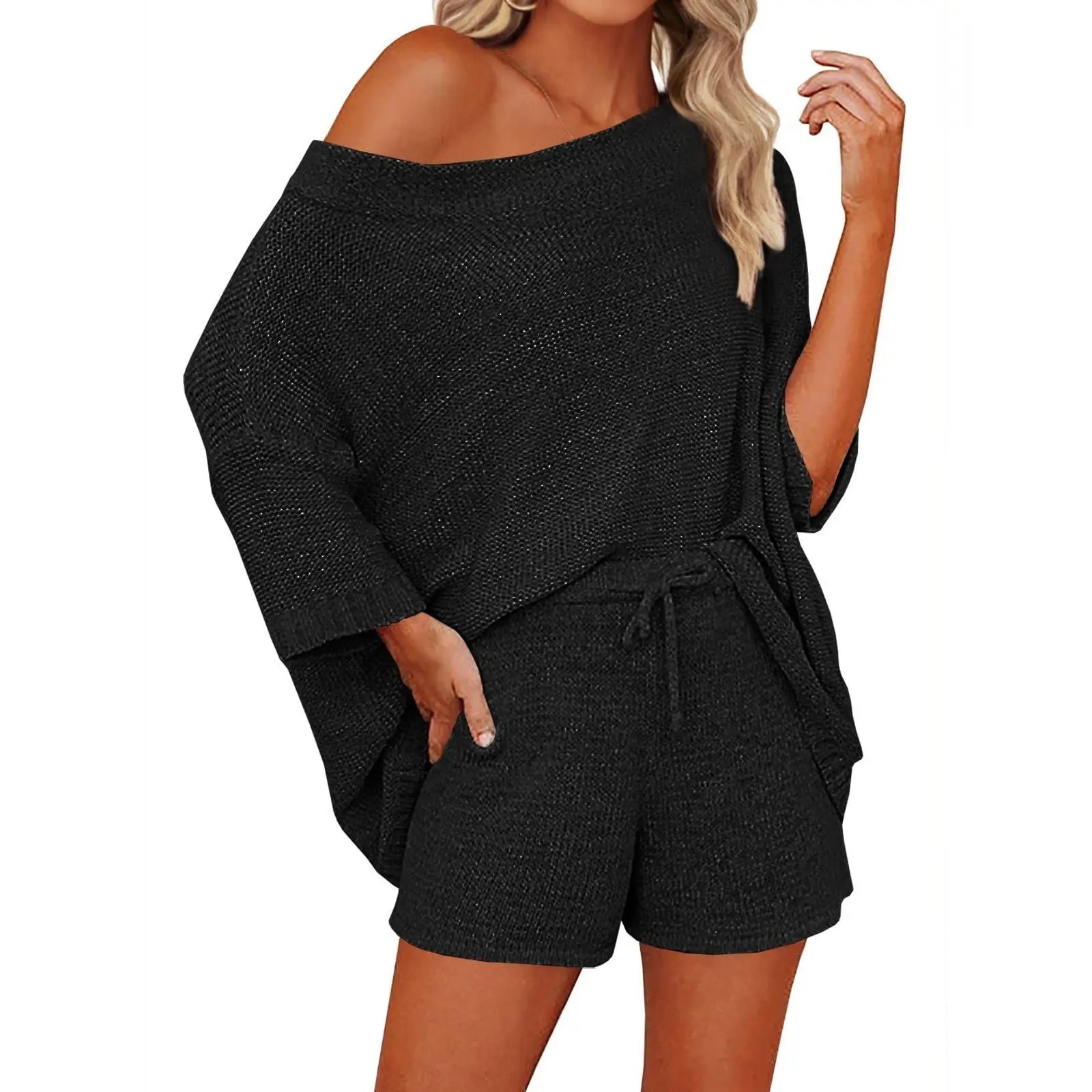 🔥LAST DAY SALE 90% OFF💕Cozy Vibes Off-Shoulder Knit Top & Shorts Lounge Set