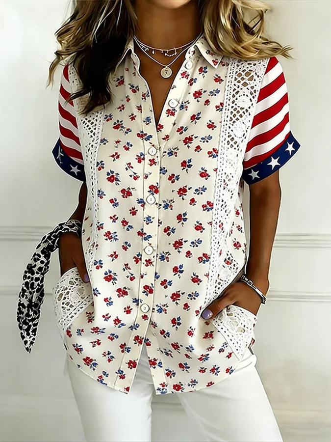 Ladies' Casual Floral 250Th Anniversary Celebration Lapel Shirt For The Founding Of The United States