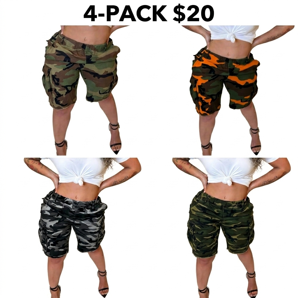 Women's Camo Print Elastic Waist Cargo Shorts with Pockets