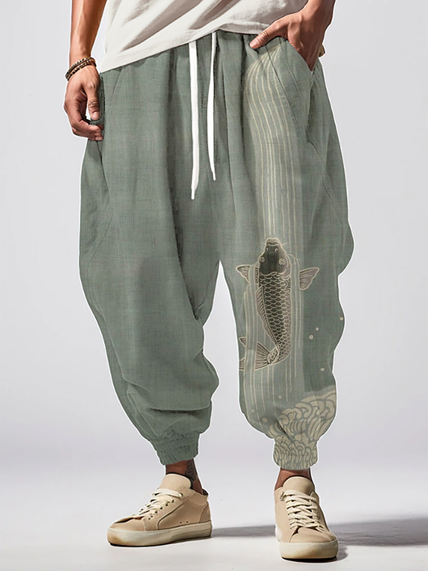 Men's Goldfish Swimming Upstream Japanese Art Print Loose Drawstring Waist Sweatpants
