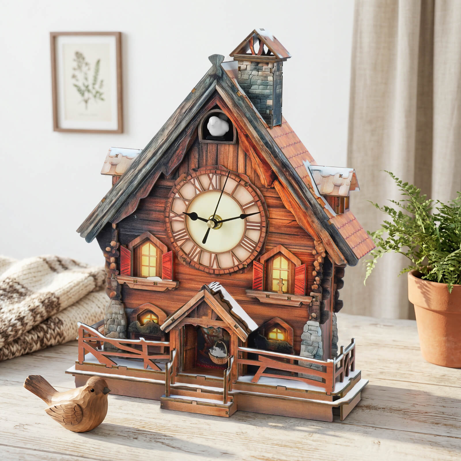 Cuckoo Chiming Swiss Chalet DIY Wood Clock, 3D Puzzle Kit