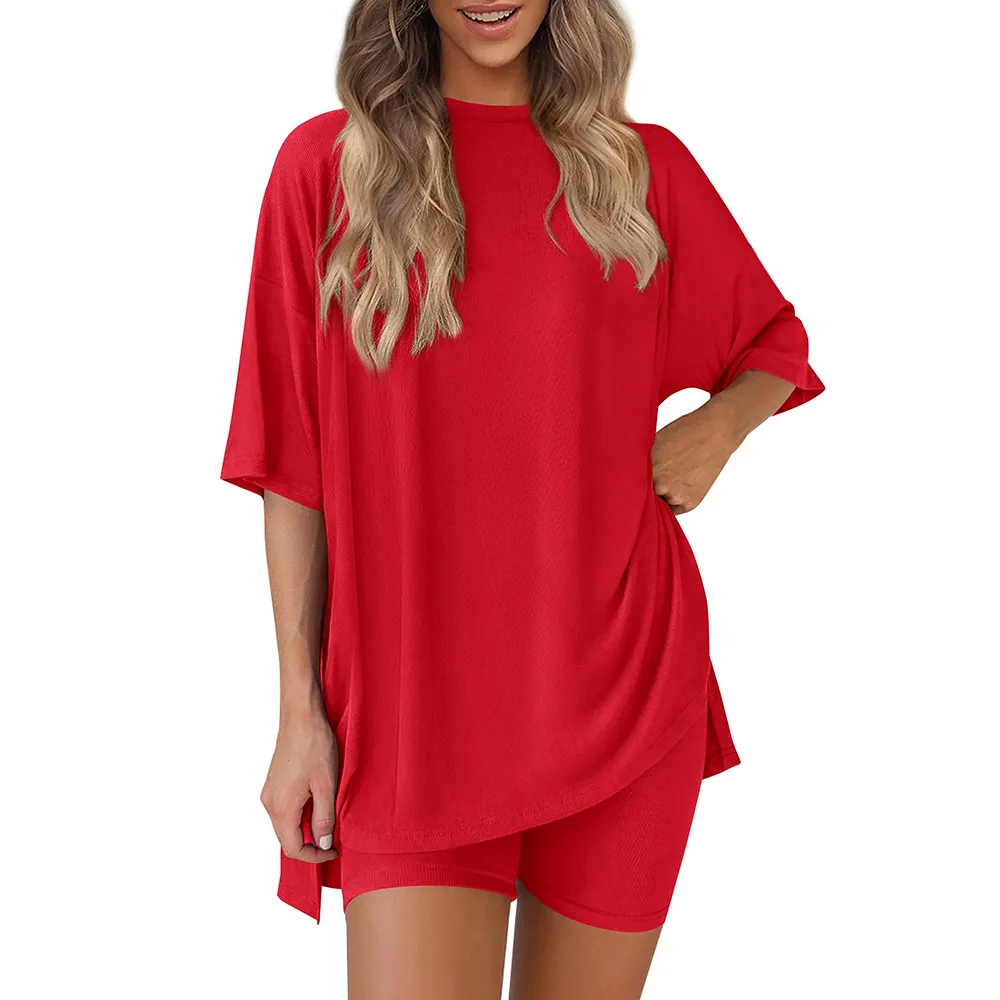 Women 2 Piece Lounge Set Casual Oversized Shirts Biker Shorts