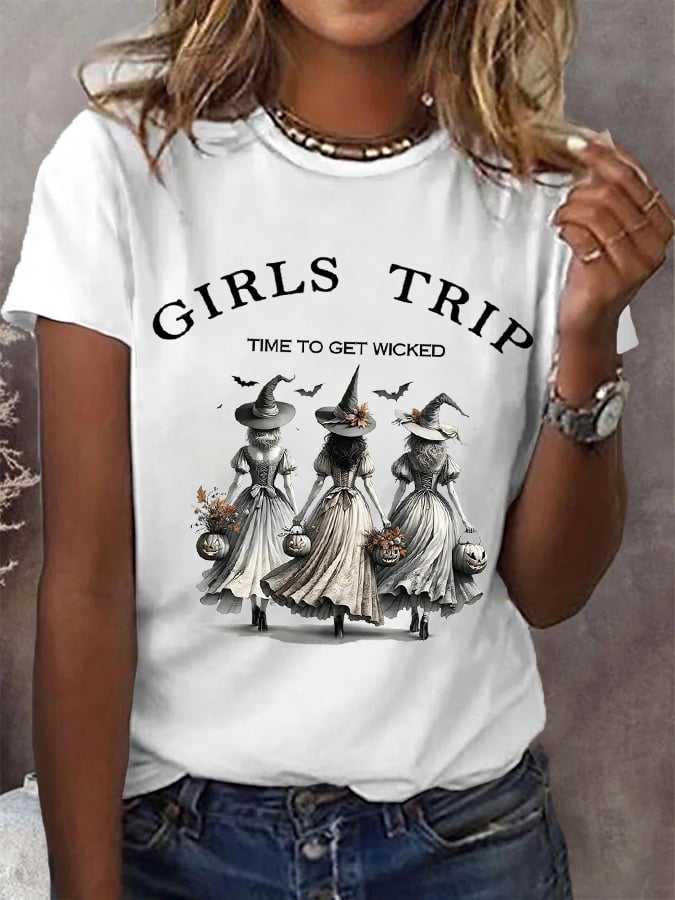 Women's Funny Halloween Witches Girls Trip Time To Get Wicked Casual Tee