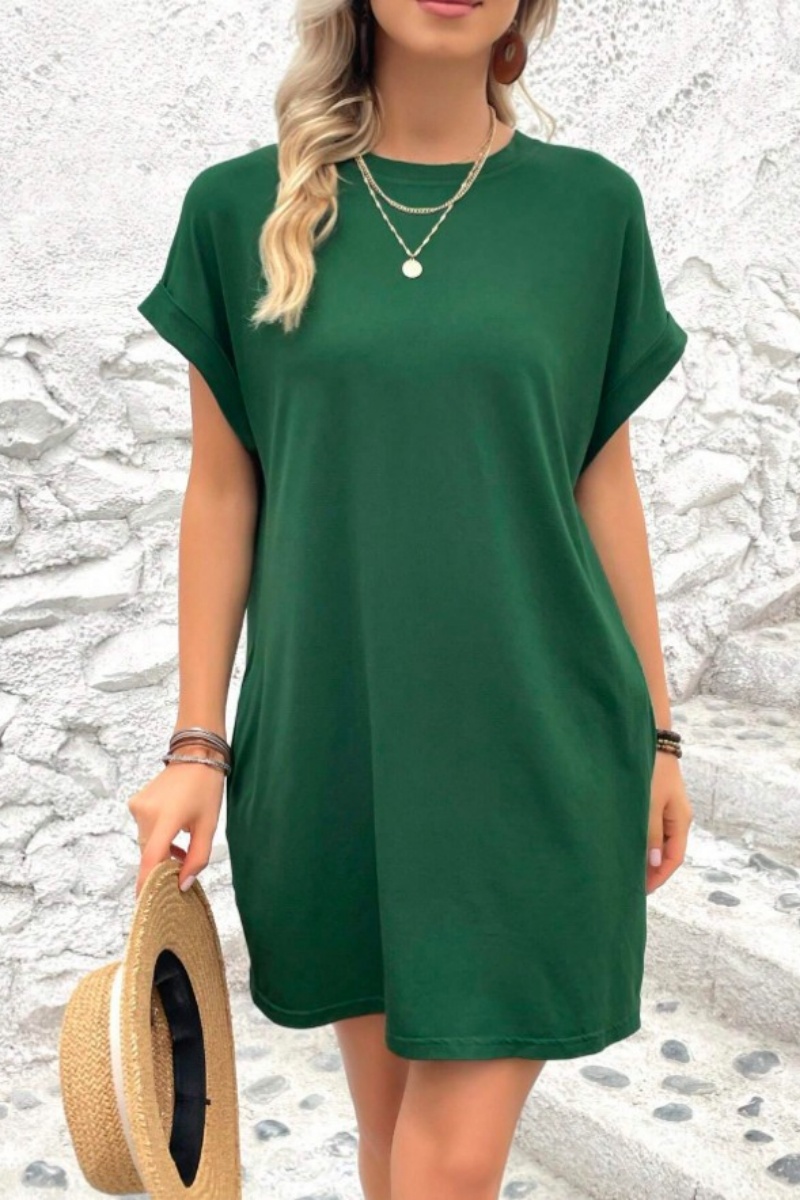 Casual Minimalist Round Neck Roll Up Sleeve Dress