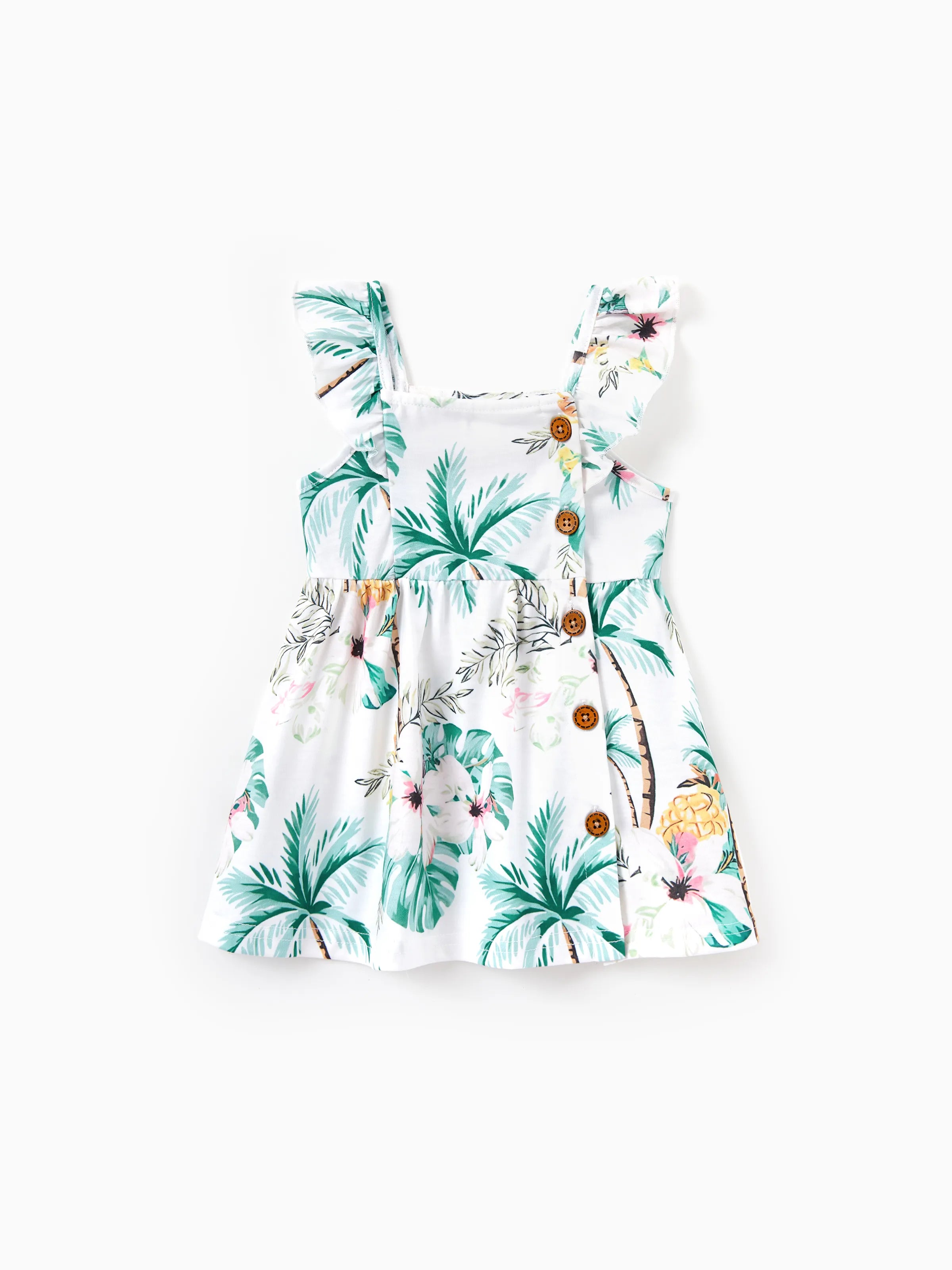 Family Matching Tropical Print Outfits Mommy & Me Tank Dress & Dad/Kids Cotton T-Shirt Set
 Green