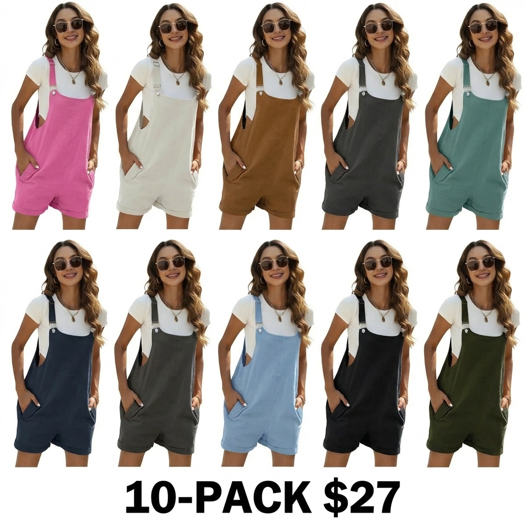 Women's Sleeveless Bib Shortalls – Cotton Linen Pinafore Overalls with Pockets & Adjustable Straps