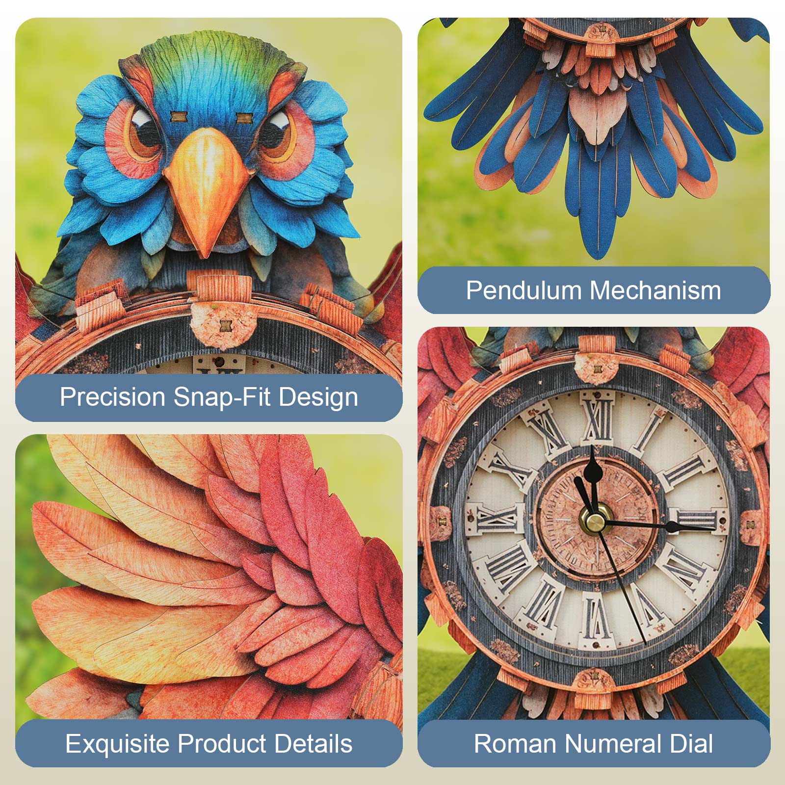 Parrot DIY Wooden Clock, 3D Puzzle Craft Kit