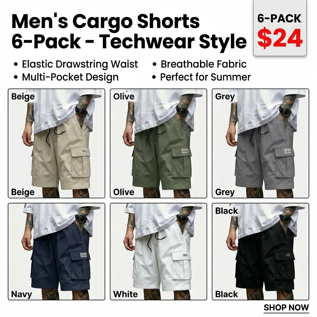 Men’s 6-Pack Cargo Shorts – Lightweight Work & Gym Shorts with Pockets, Adjustable Waist, Durable Polyester