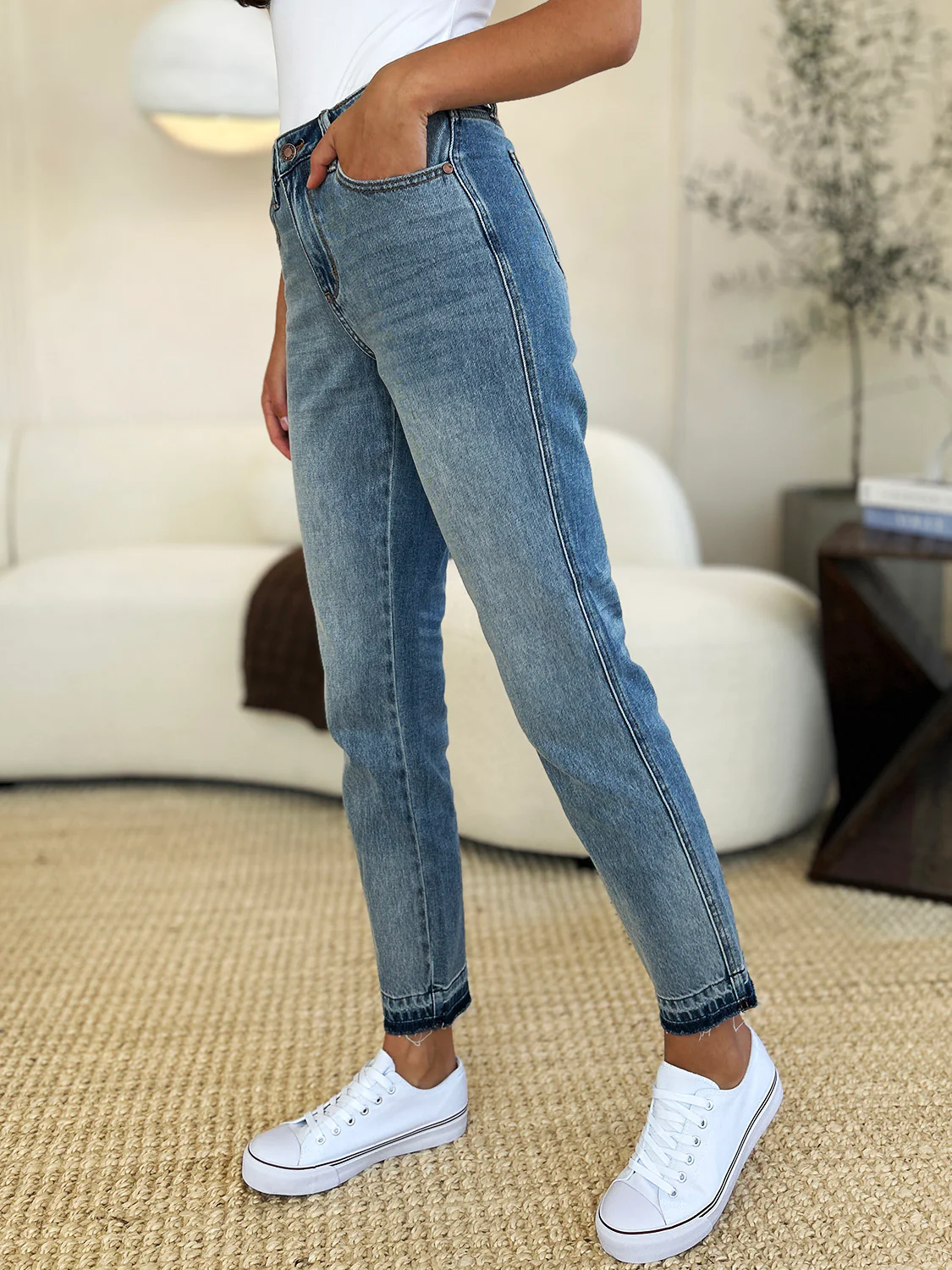 Blue Full Size Mid Rise Rigid Magic Release Hem Jeans