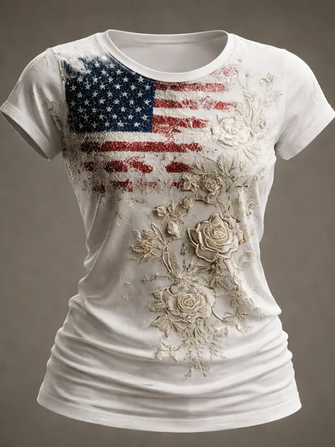 Women'S Casual Short-Sleeved T-Shirt With American 250th Anniversary Commemorative Print