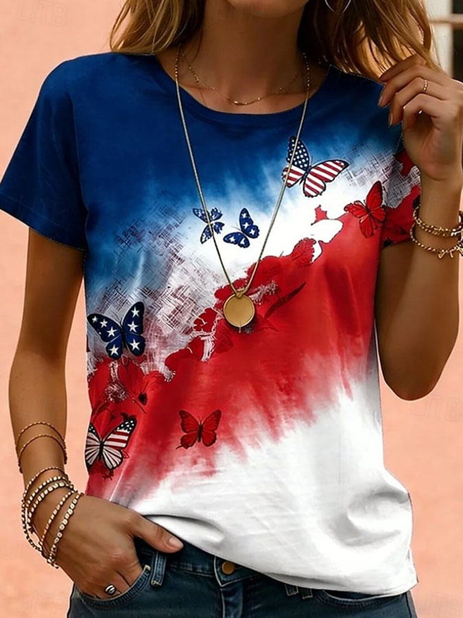 Women's Retro American Independence Day Commemorative Printed Round Neck Short Sleeve T-shirt