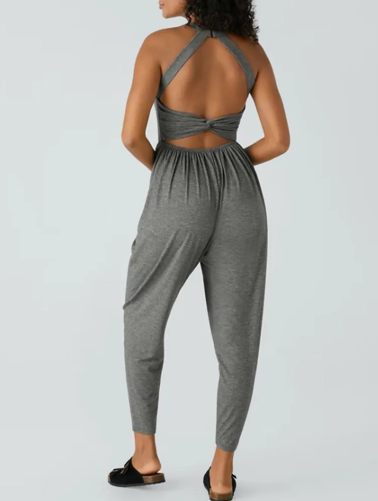 🔥💝Women's Backless Twisted U-Neck Harem Jumpsuit with Pockets