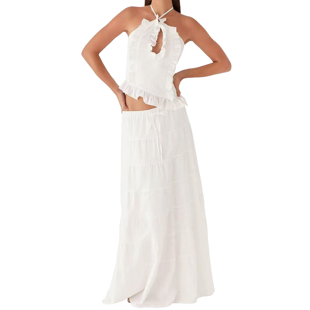 Y2K Women 2-Piece Maxi Skirt Set – Lace Short Sleeve Top & Tiered Ruffle Long Skirt – Sheer Beachy Boho Outfits