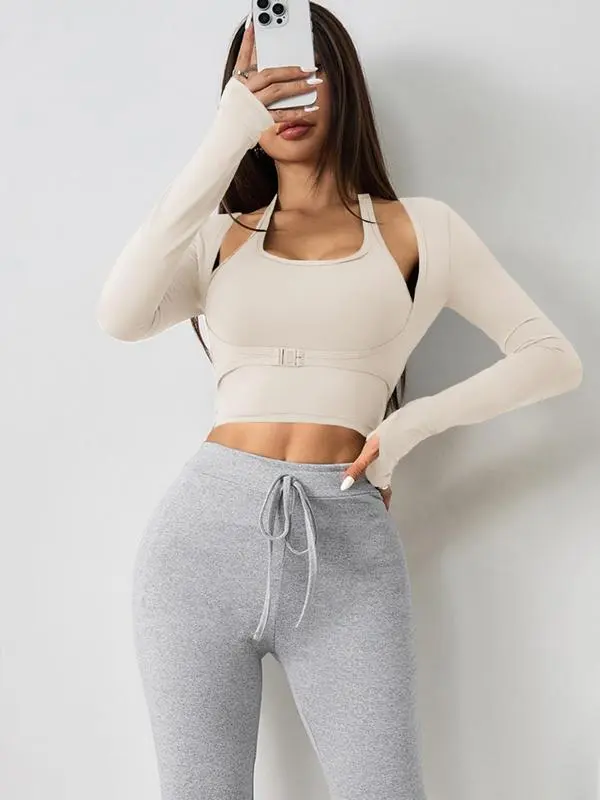 Women's Halter Crop Tank Top & Thumb Hole Sports Tee Set