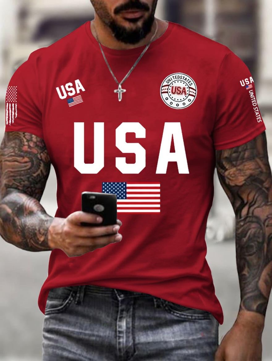 Men'S Classic Short Sleeved T-Shirt With American Flag Print