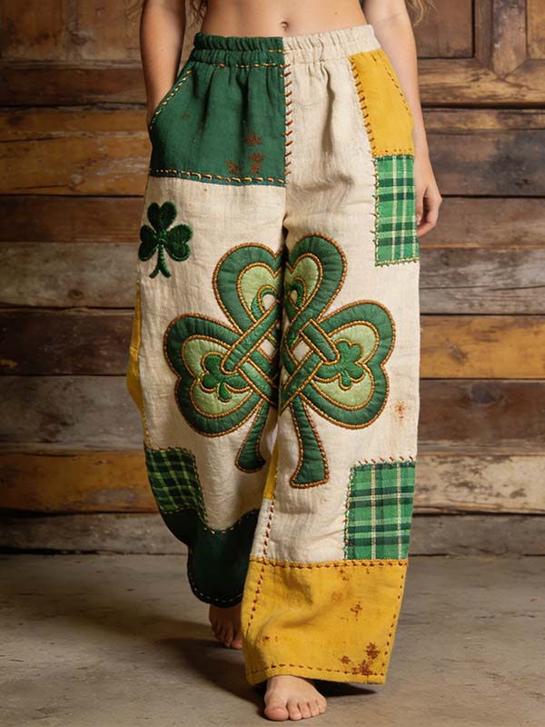 Women's St. Patrick's Day Shamrock Celtic Knot Colorblock Plaid Patchwork Print Casual Pants