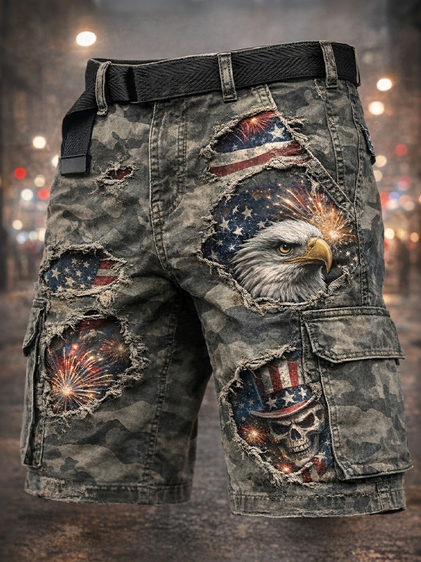 Men's Retro American Anniversary Eagle Ripped Camo Art Print Casual Shorts
