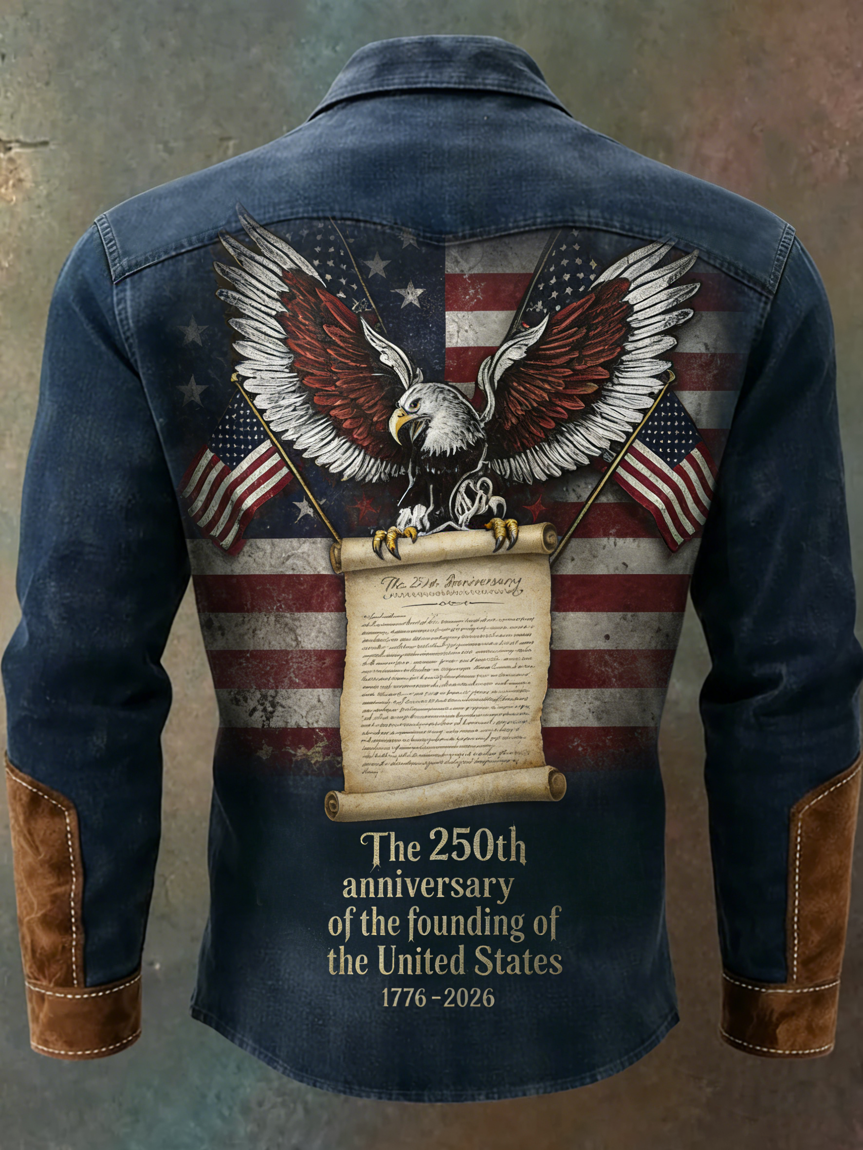 Men'S Retro 250Th Anniversary Founding Celebration Printed Splicing Long Sleeve Button Up Shirt