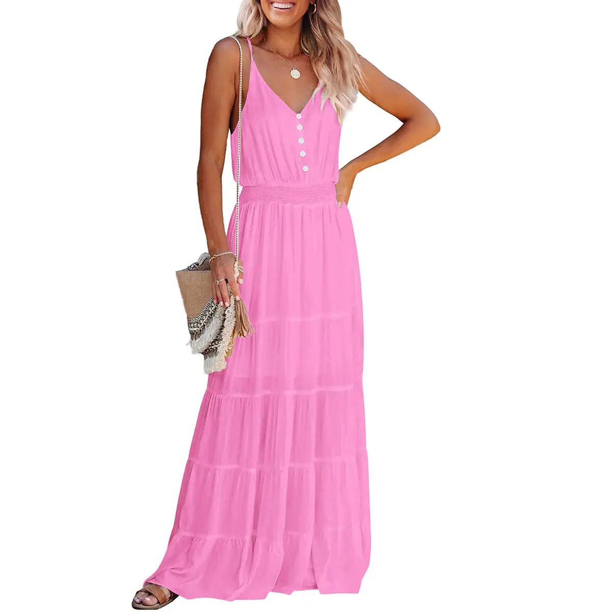 Women's Casual Summer Dress Spaghetti Strap Sleeveless High Waist Beach Long Maxi Sun Dresses