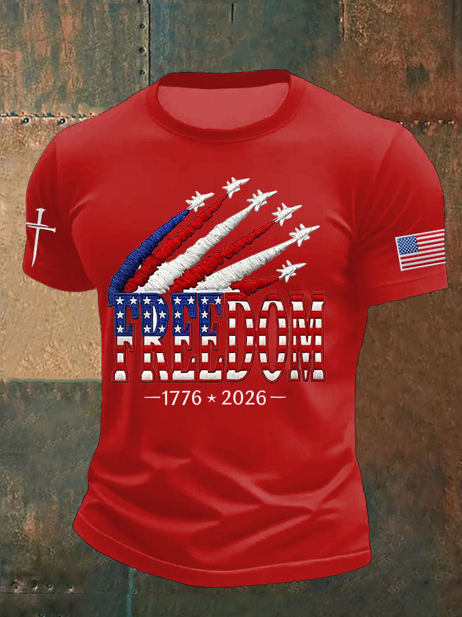 Men's Retro Freedom American Flag Cross Print Round Neck T-Shirt