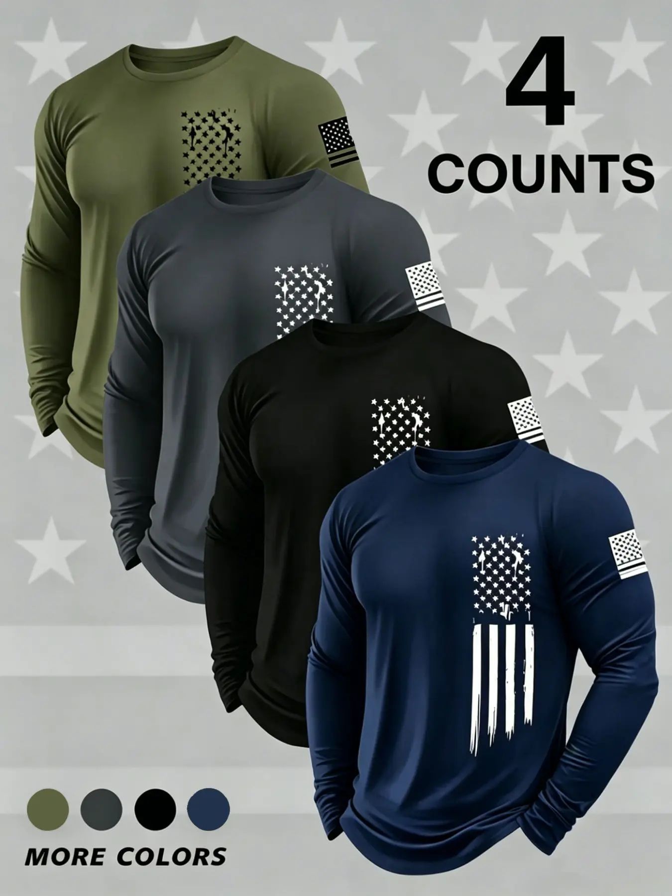 Men's Round Neck Long Sleeve T-Shirts, Casual Knitwear Top, Slight Stretch, Flag Print, Quick Dry, Gym, Running, Outdoor Activities
