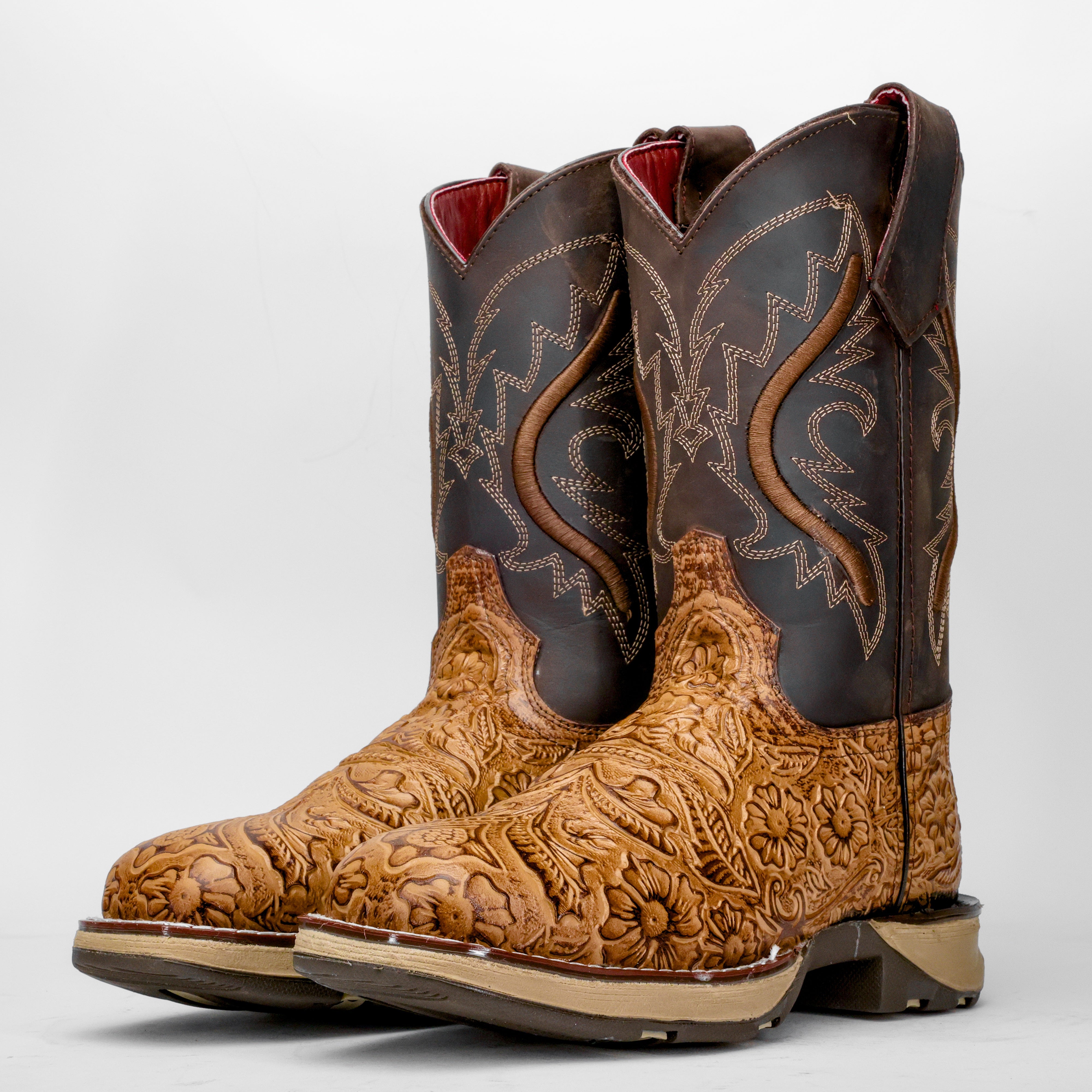 Honey Hand-Tooled Leather Boots With 3D Lightweight Sole - Composite Toe