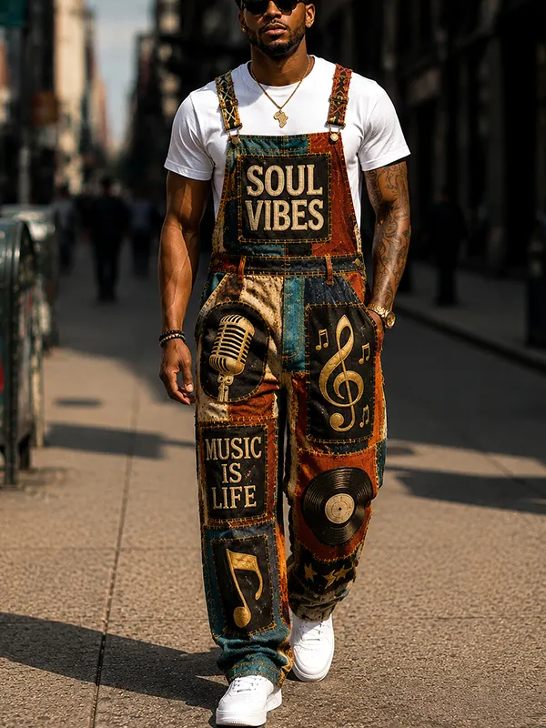 Men's Soul Vibes Retro Music Patchwork Print Overalls Jumpsuit