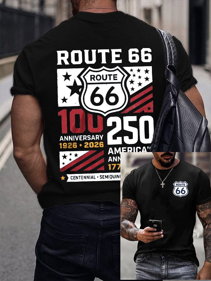 Men's America's 250th And Route 66's 100th Anniversary Print Round Neck T-shirt