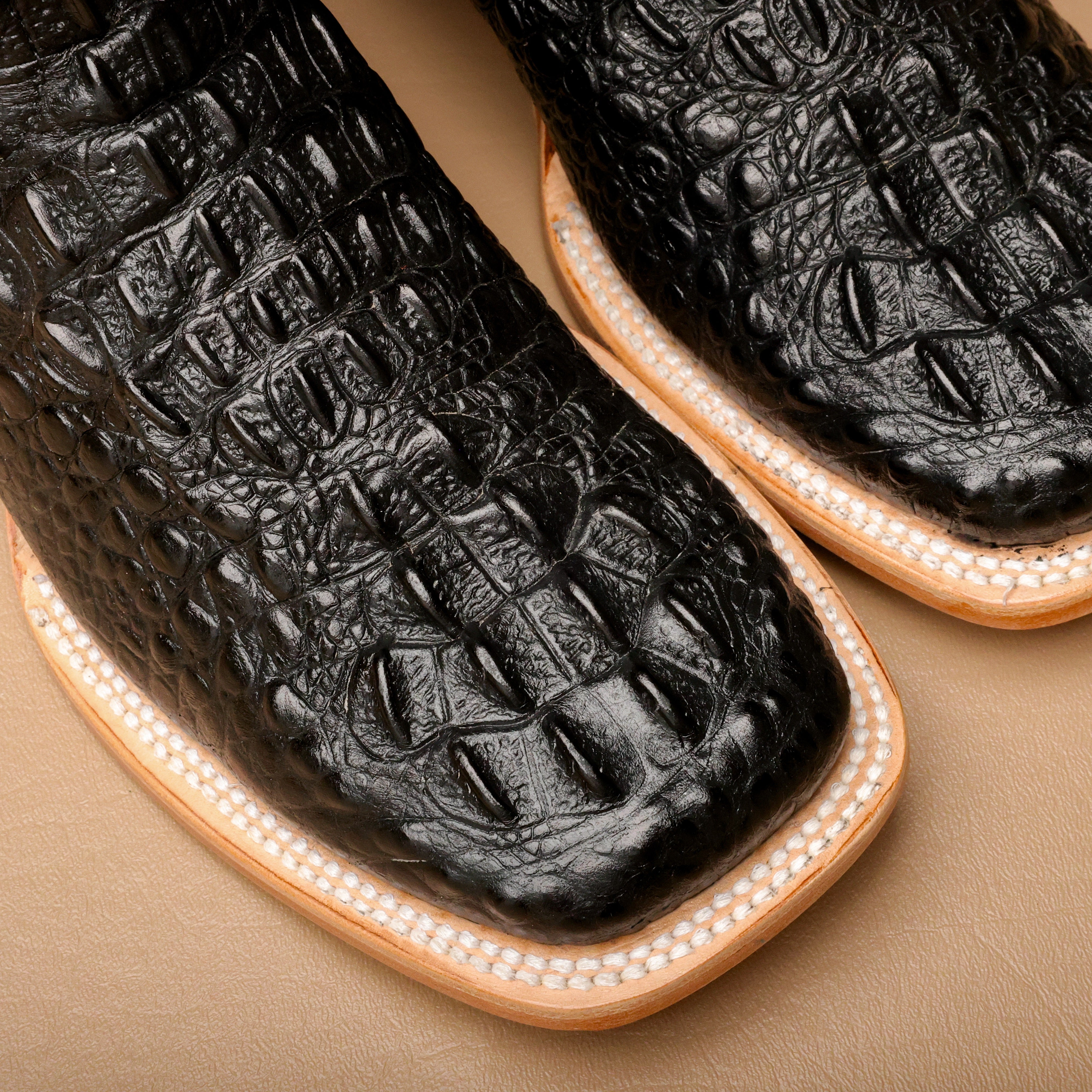 Black Caiman Neck Leather Boots - Square Toe