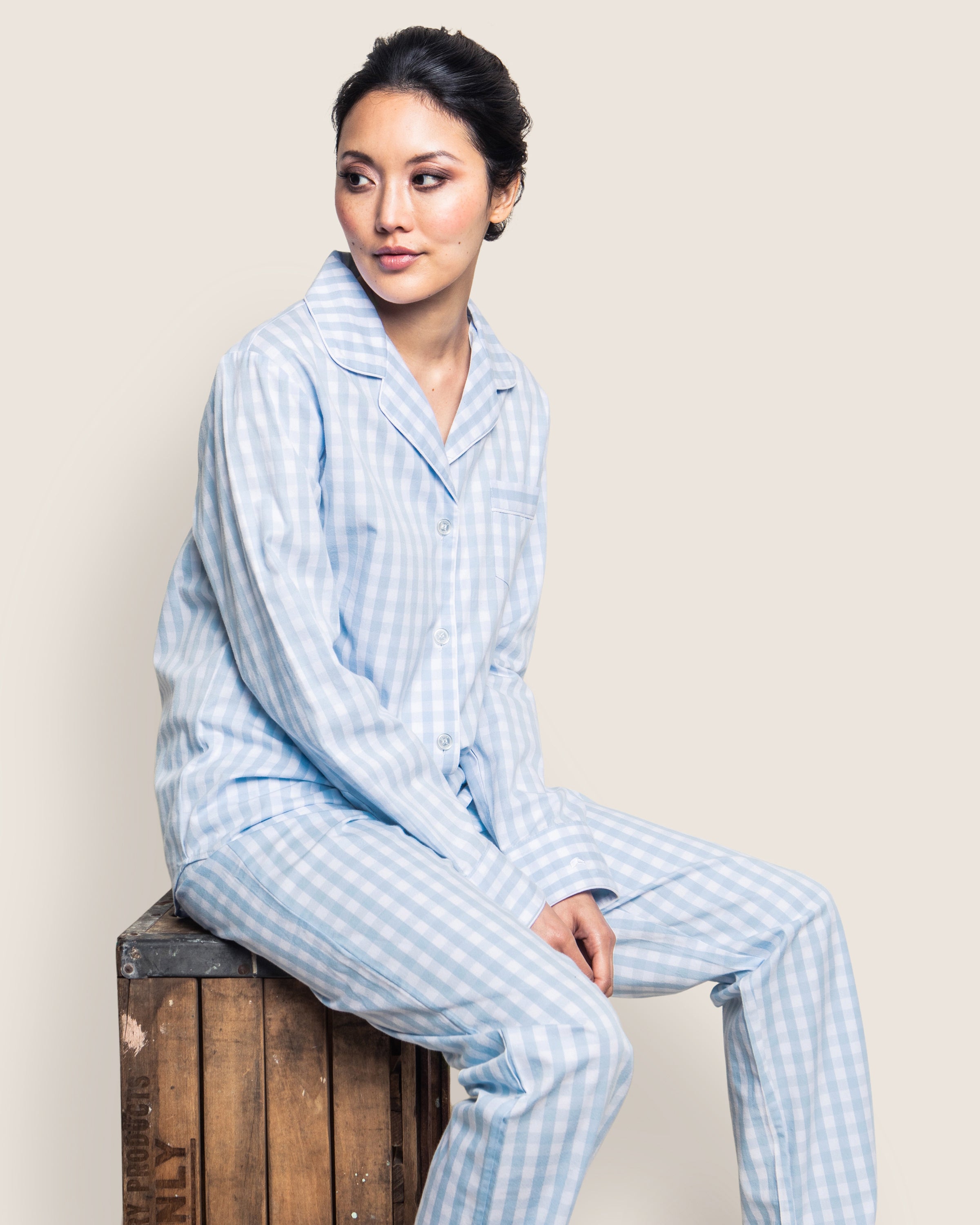 Women's Twill Pajama Set in Light Blue Gingham
