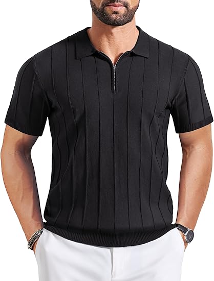 Men's Knit Polo Shirts Short Sleeve Ribbed Knitted Shirt Summer Lightweight Casual Golf Shirts