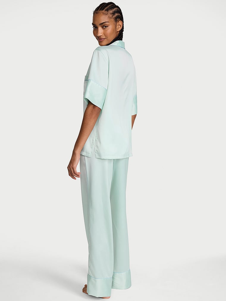 Signature Satin Short-Sleeve Long Pajama Set  Yacht Blue