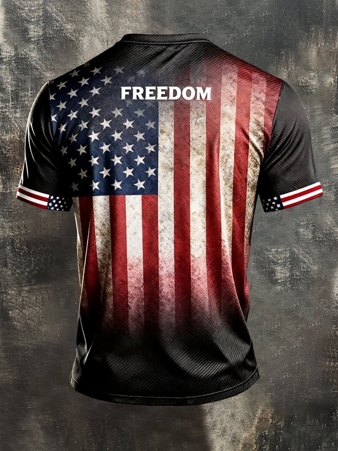 Men's Retro Patriotic Color-Block Short-Sleeve Henley Shirt
