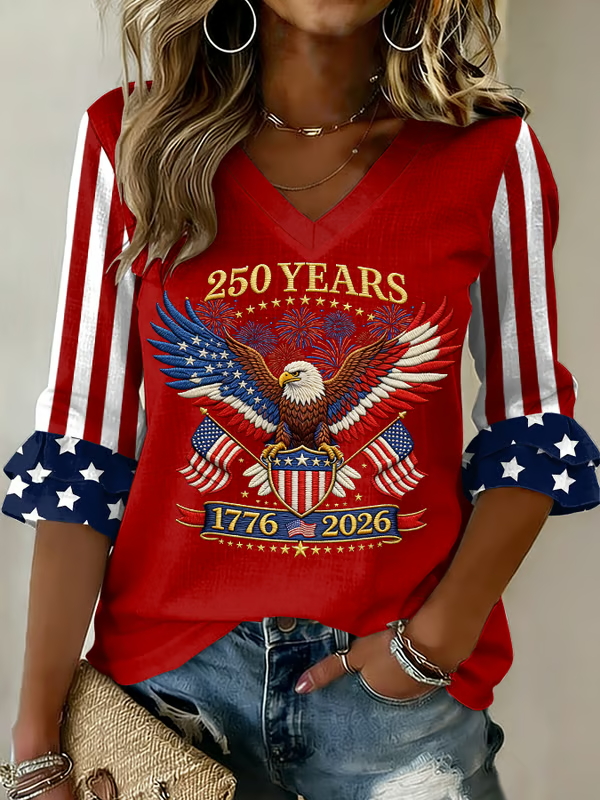 Ladies' Casual 250Th Anniversary Of The Founding Of The United States Printed V-Neck Half Blood T-Shirt