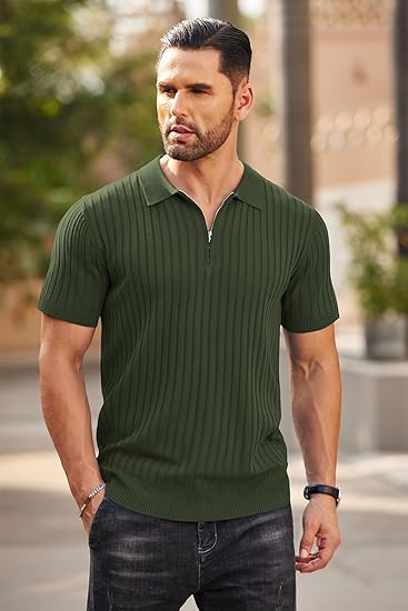 Men's Knit Polo Shirts Short Sleeve Ribbed Knitted Shirt Summer Lightweight Casual Golf Shirts