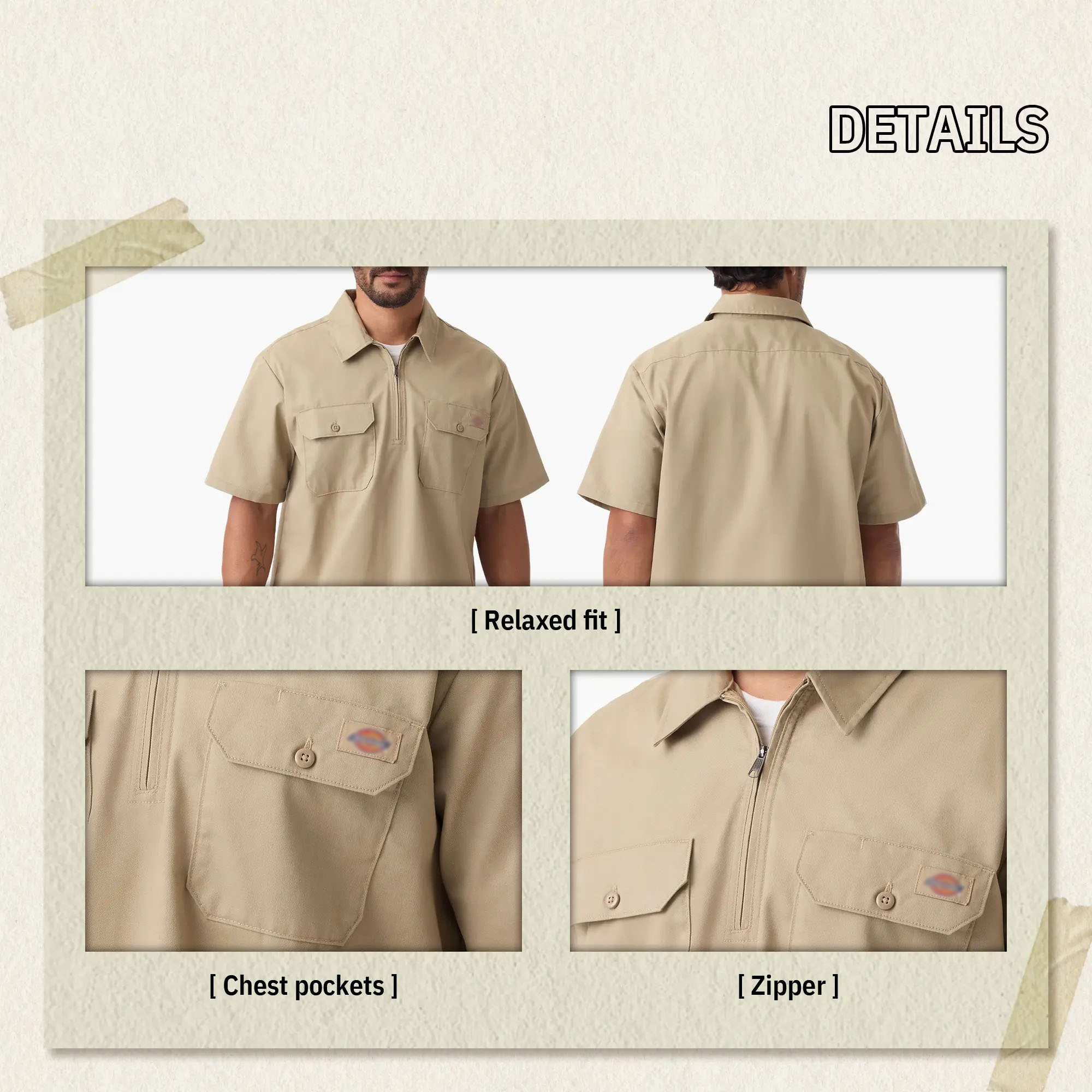 Men's 1/4 Zip Work Shirt – Relaxed Fit, Breathable Short Sleeve, Workwear Style Top