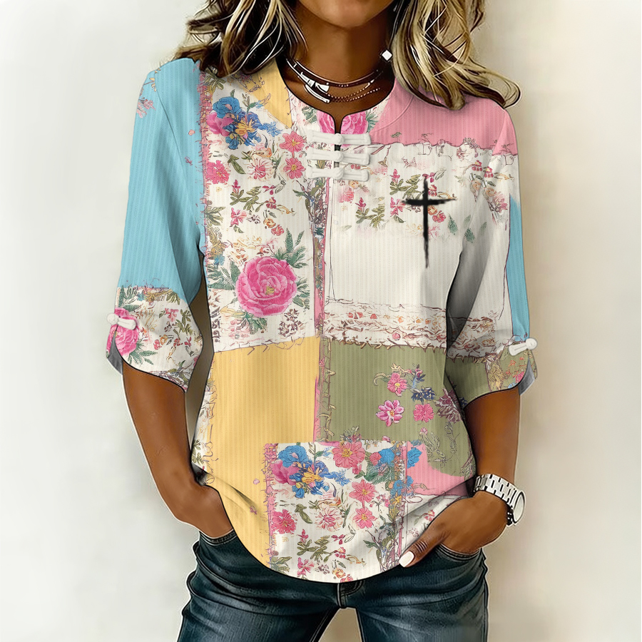 Women'S Retro Faith Flower Art Cotton And Hemp Printing Design Casual T-Shirt