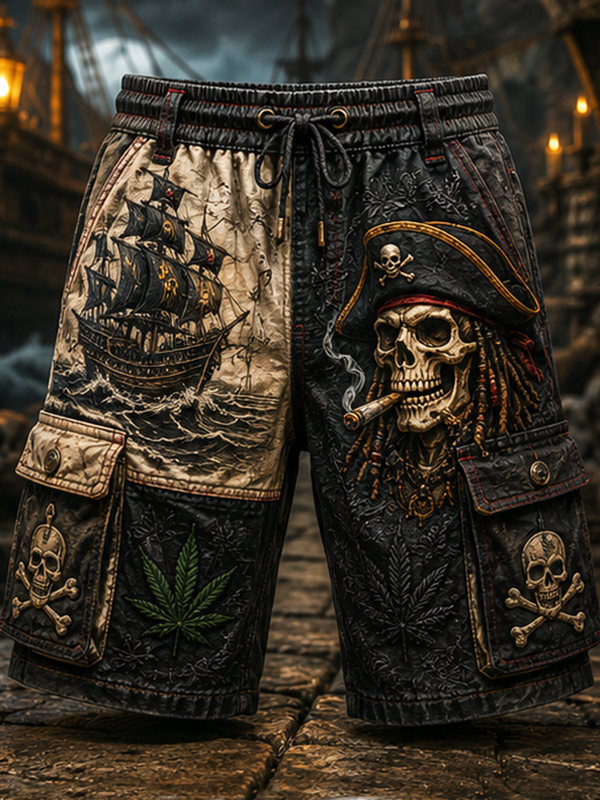 Men's Skull Pirate Hippie Wild Hemp Print Casual Shorts