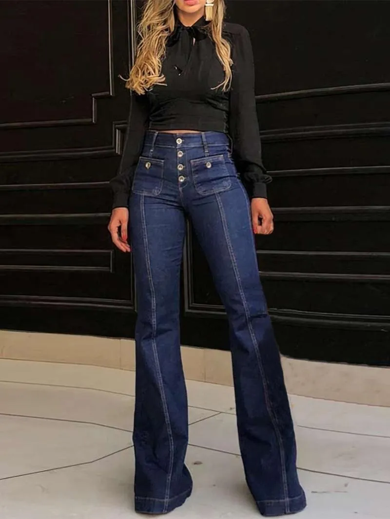 Women's Plain Flare Leg Jeans with Button & Pockets , Casual Bell Bottom Trousers for Daily Wear