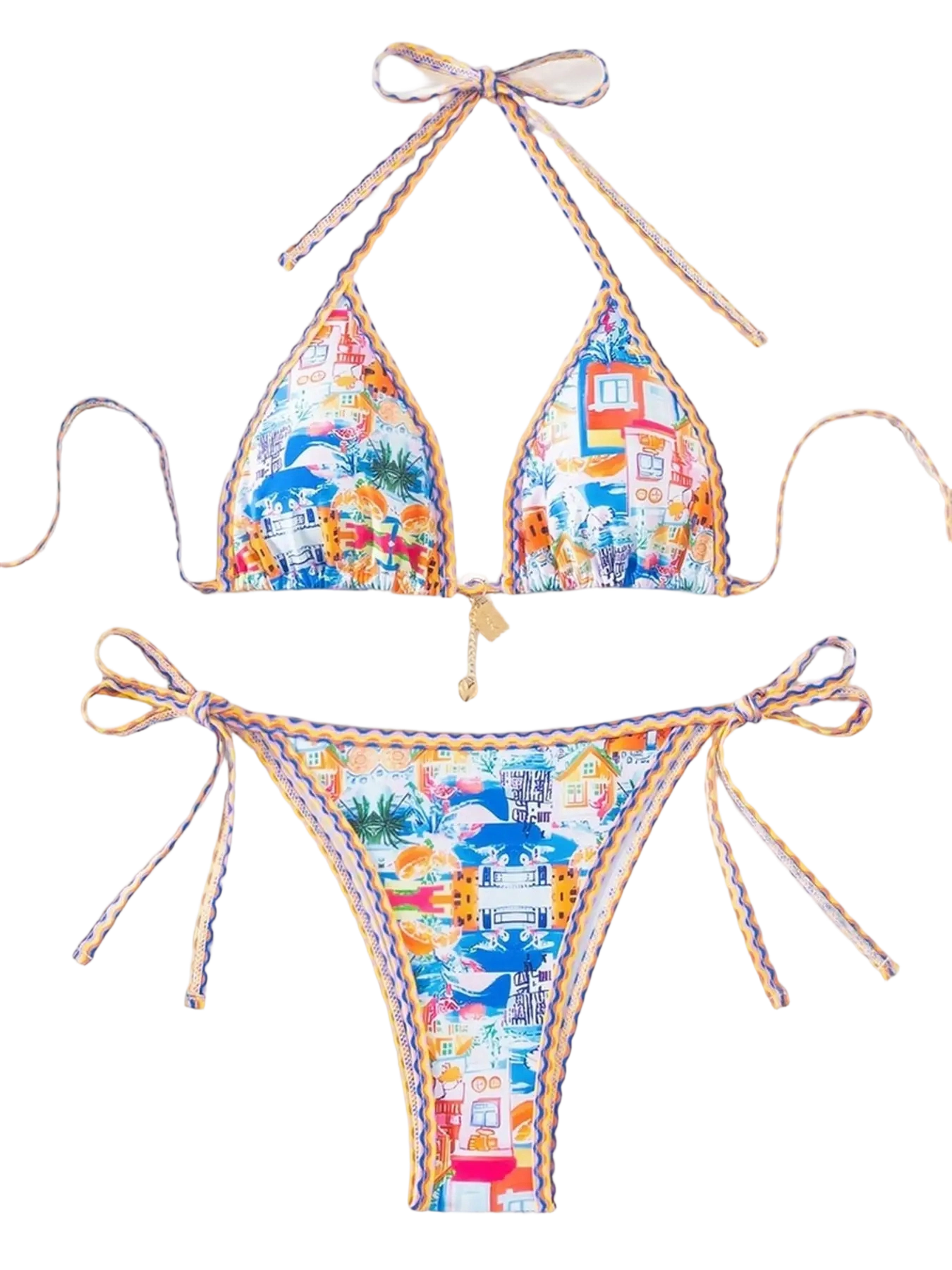 Women's All Over Print Bikini Set, Chic Halter Neck Swim Bra & Tie Side Swim Thong