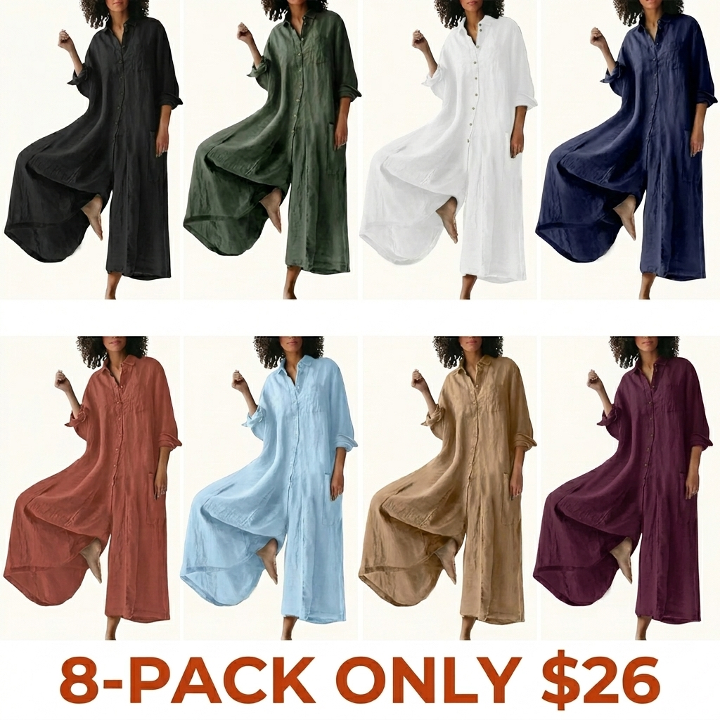 Women's Linen Long-Sleeve Button-Front Wide-Leg Jumpsuit