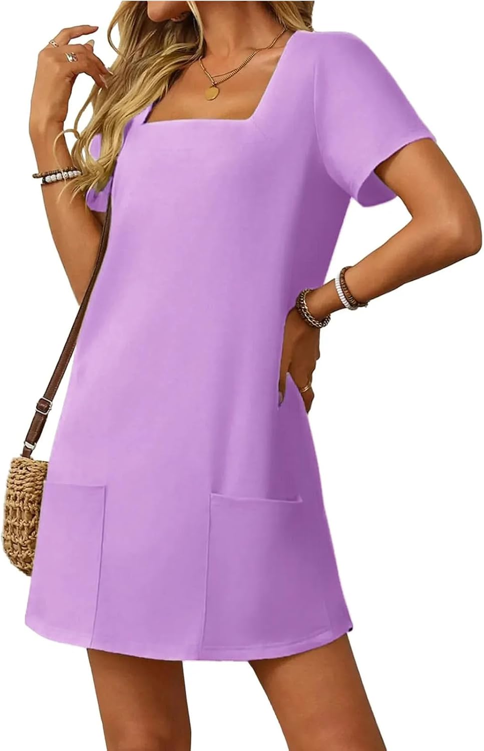 Womens Solid Casual Summer Square Neck Short Sleeve Mini Dresses Loose Fit Solid A-Line Tshirt Dress with Pockets