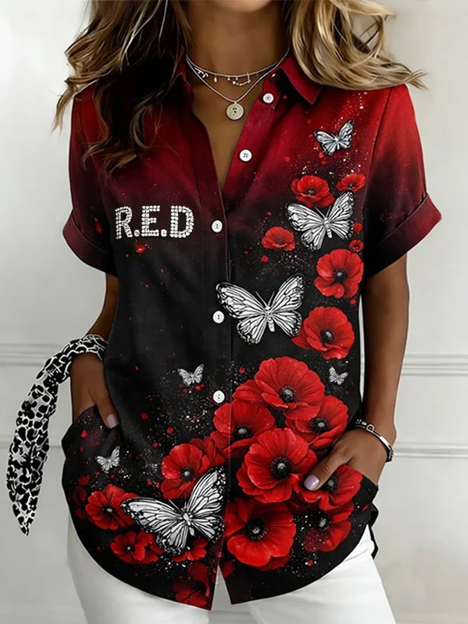 Women's Casual Red Friday Print Short-Sleeve Shirt