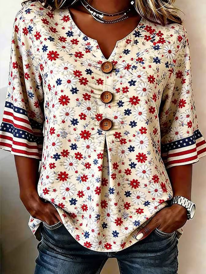 Women's Independence Day 250th Anniversary Commemorative Flag Flower Art Retro Printed Casual Top