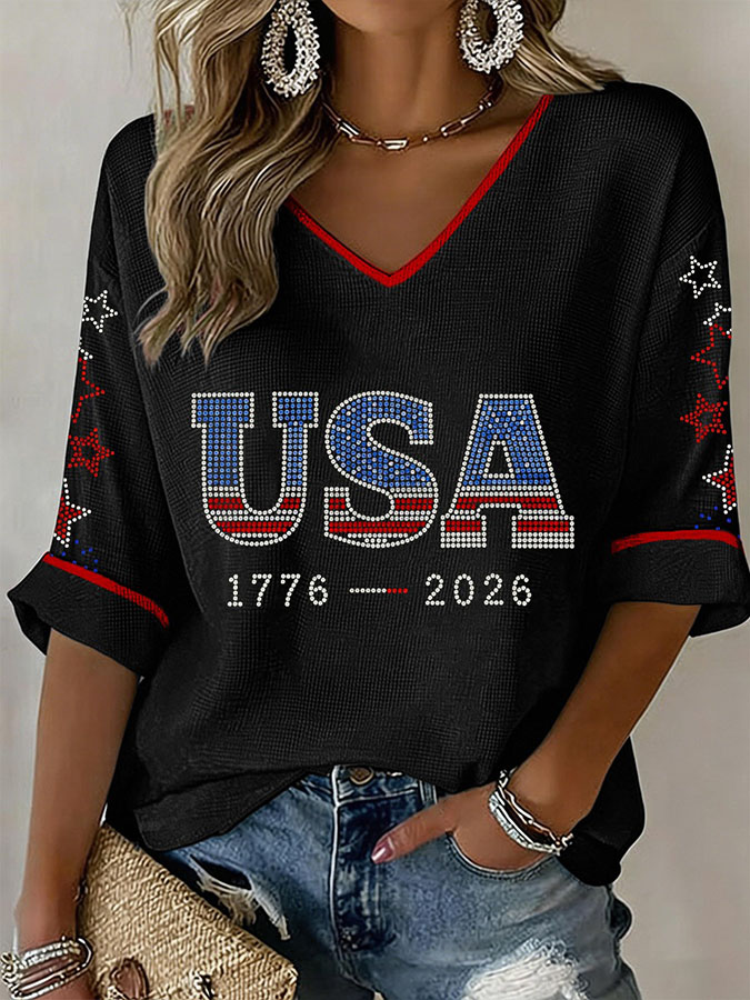 Women's USA 1776-2026 Rhinestone Pattern V-Neck Waffle Top