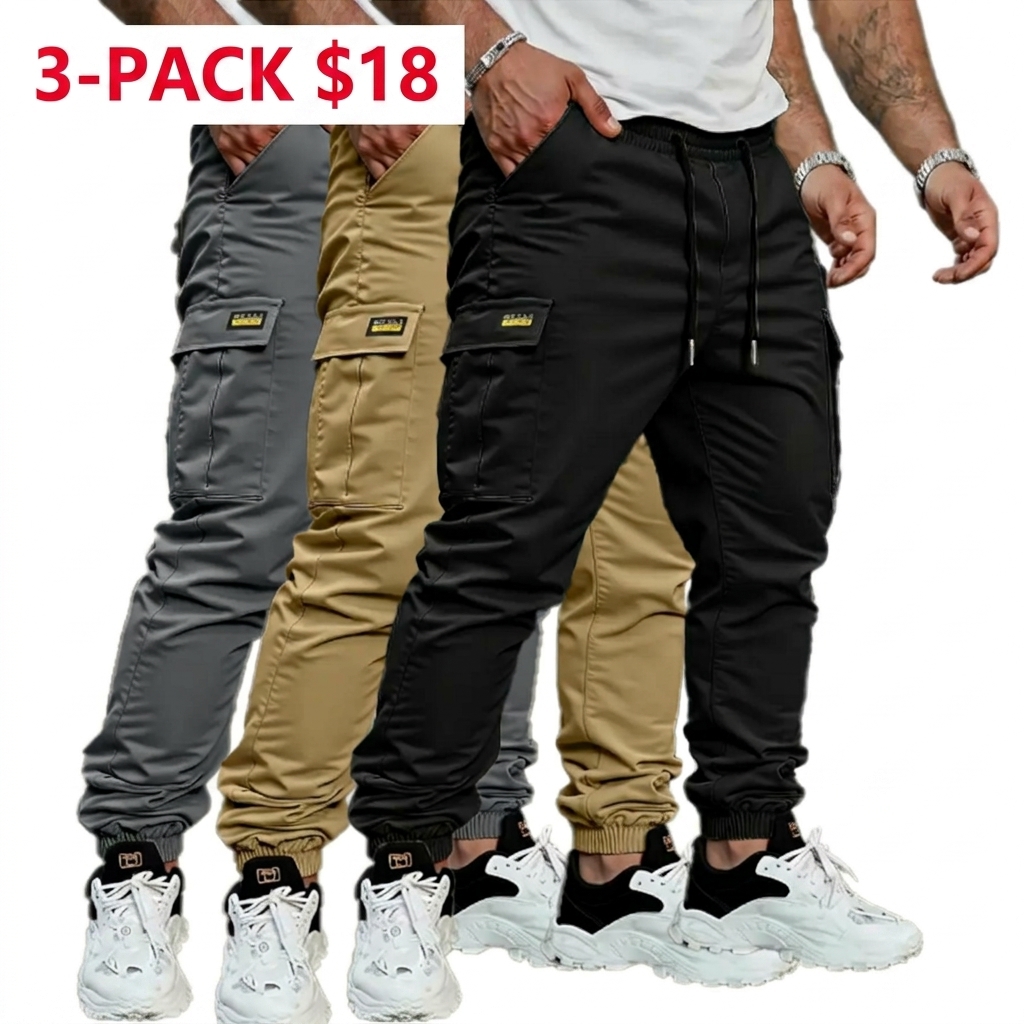 Men's solid color tactical work pants with multiple pockets and drawstring design